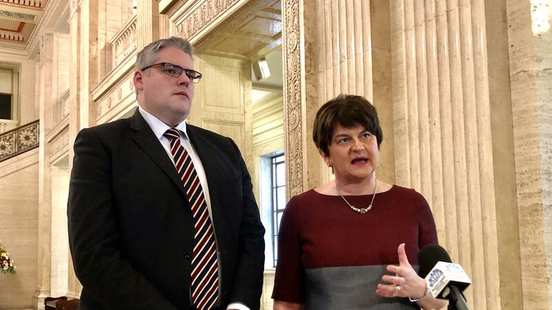 DUP leader Arlene Foster, pictured today at Stormont with East Belfast MP Gavin Robinson, said a tunnel to Scotland was a &quot;positive&quot; idea. Picture by David Young/PA Wire&nbsp;