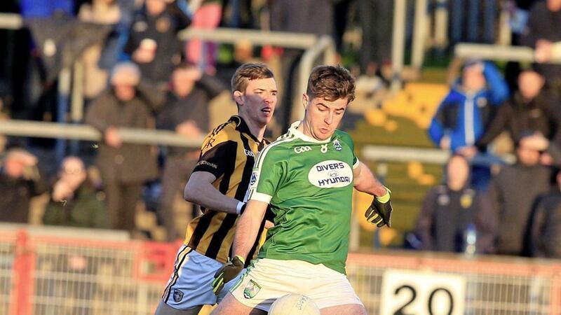 Daire O Baoill scores the second gaol of his first half hat-trick yesterday. Pic Philip Walsh. 