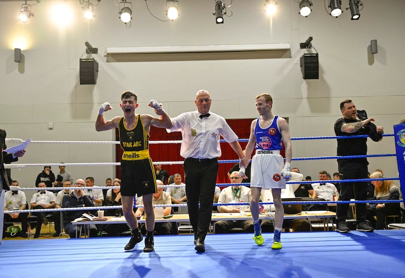 Louis Rooney (Star) celebrates capturing the Ulster light-fly title with victory over Padraig Downey (St John Bosco) on Friday night. Picture by Mark Marlow