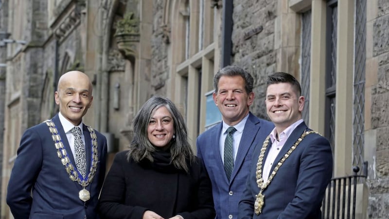 Pictured at the BelfastForward event are Belfast Chamber president Rajesh Rana, Maria Vassilakou, former deputy major of Vienna, Rob Walsh, former Commissioner of New York&rsquo;s Department of Small Business, and Belfast lord mayor Daniel Baker 