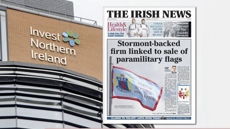 Invest NI headquarters in Belfast, and inset, how The Irish News reported on a Stormont-backed social enterprise being linked to the selling of paramilitary flags 