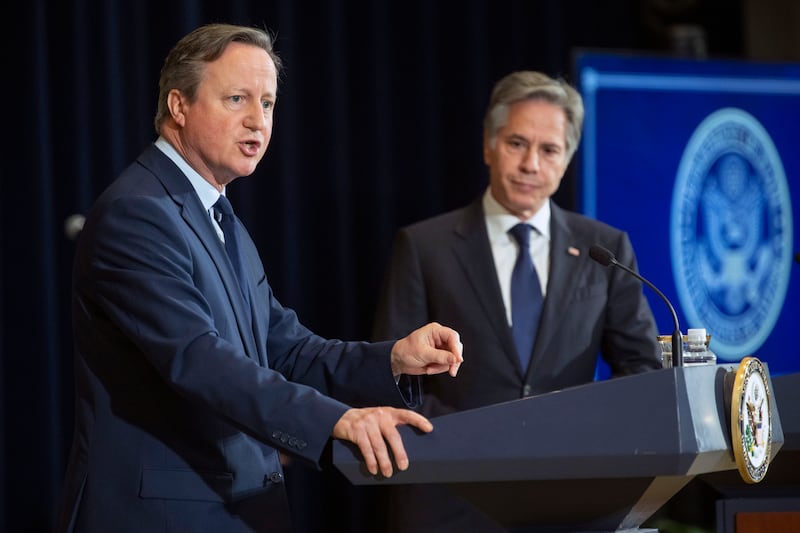 Foreign Secretary David Cameron, left, speaks during a meeting with US Secretary of State Antony Blinken in Washington (Kevin Wolf/AP)