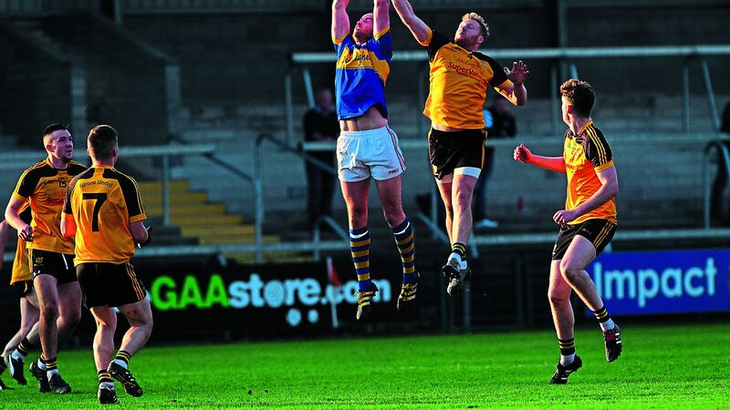 Maghery captain James Lavery wins an aerial battle with James McEnroe of Ramor United during yesterday&rsquo;s Ulster Club SFC quarter-final at the Athletic Grounds which the Armagh men won by three points. Picture by Colm O&rsquo;Reilly