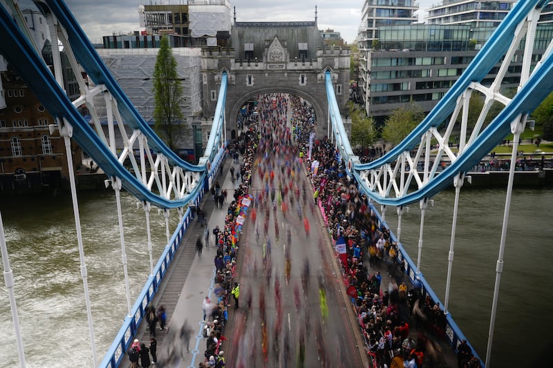 The masses crossing Tower Bridge during the London Marathon