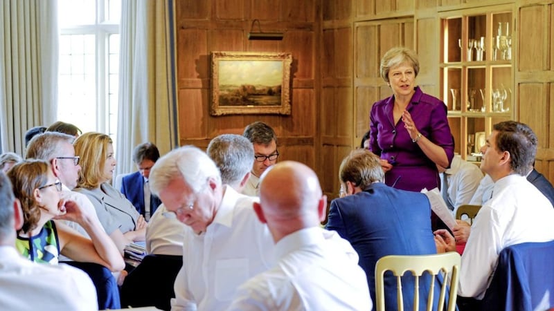 British prime minister Theresa May speaks during a special Brexit cabinet meeting at Chequers