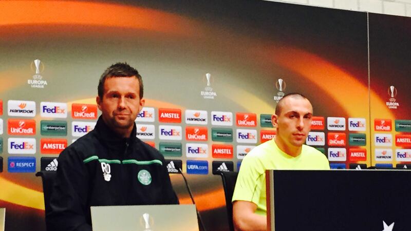 Celtic manager Ronny Deila and Scott Brown during a press conference ahead of the Europa League Group A game against Ajax at the Amsterdam ArenA<br />Picture: PA