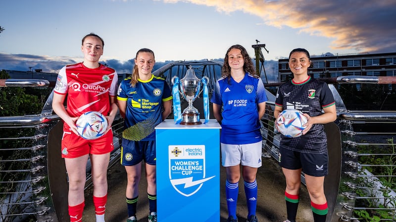 Pictured from L-R at the semi-final draw of 2023's Electric Ireland Women's Challenge Cup are Fi Morgan (Cliftonville Ladies), Kelly Crompton (Sion Swifts Ladies), Sophie Megaw (Lisburn Rangers Ladies) and Jess Foy (Glentoran Women).