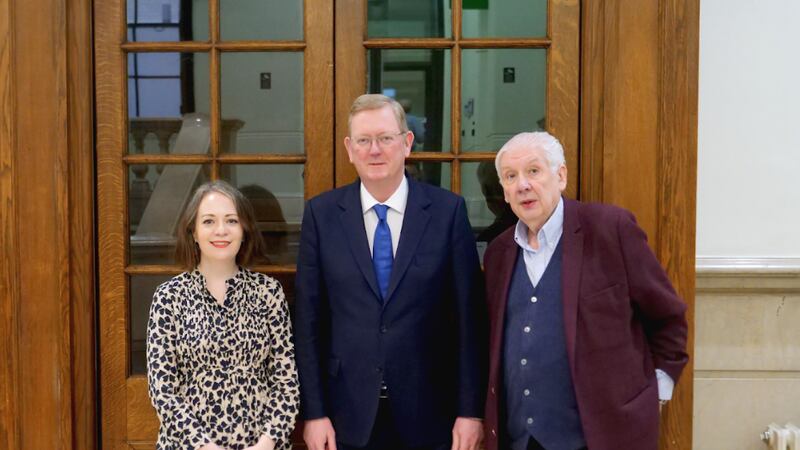 Lord Caine, Parliamentary Under-Secretary of State for Northern Ireland (centre), with co-chairs of the independent advisory panel, Lord Bew and Dr Caoimhe Nic Dháibhéid