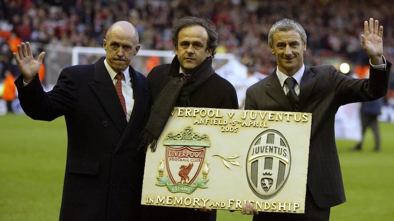Liverpool and Juventus legends Phil Neal (left), Michel Platini and Ian Rush (right) with a memorial plaque before the UEFA Champions League quarter-final, first leg match between Liverpool and Juventus at Anfield on April 5, 2005. This was the first meeting of the clubs since the Heysel Stadium tragedy