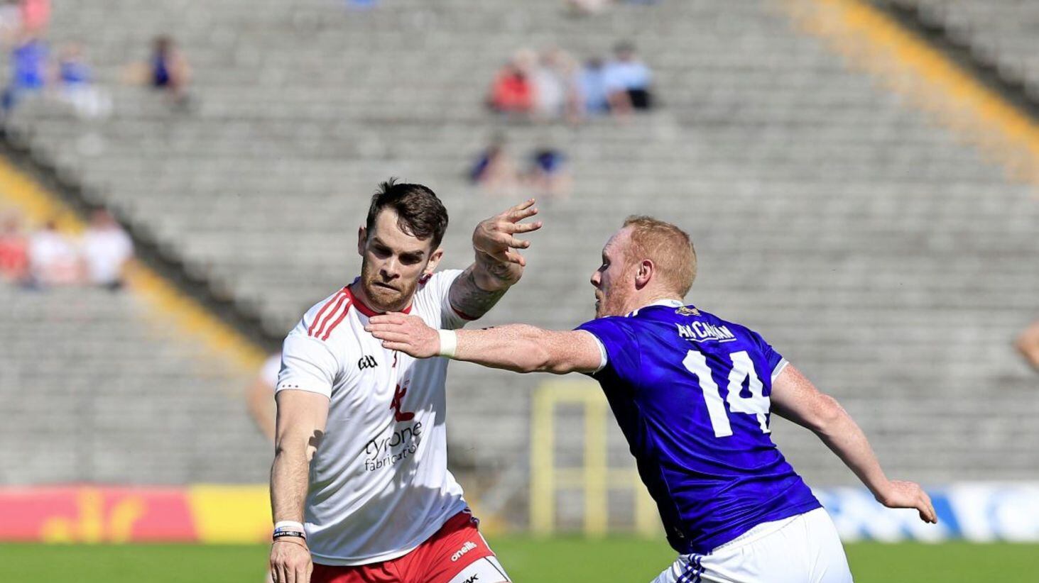 Tyrone&#39;s Ronan McNamee and Cavan&#39;s Cian Mackey in action at Clones on Saturday. Picture by Philip Walsh. 