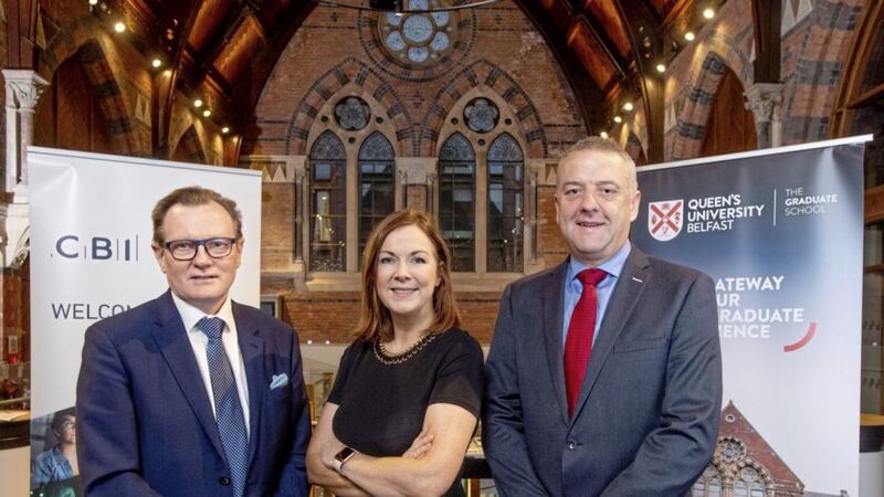 Pictured at the event in Queen&#39;s University are: Professor Ian Greer, president and vice chancellor, Queen&#39;s University; Angela McGowan, CBI&#39;s director for Northern Ireland; and Trevor Lockhart, chair of CBI Northern Ireland. 