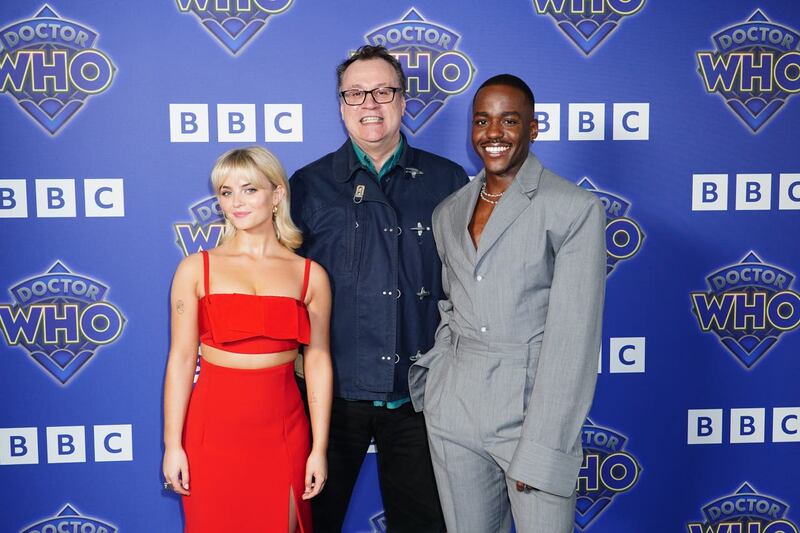 Millie Gibson, Russell T Davies and Ncuti Gatwa, arrive for the premiere of Doctor Who