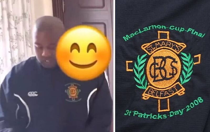 Kanye West in the St Mary's jacket and a close-up view of the crest from the 2008 MacLarnon Cup final
