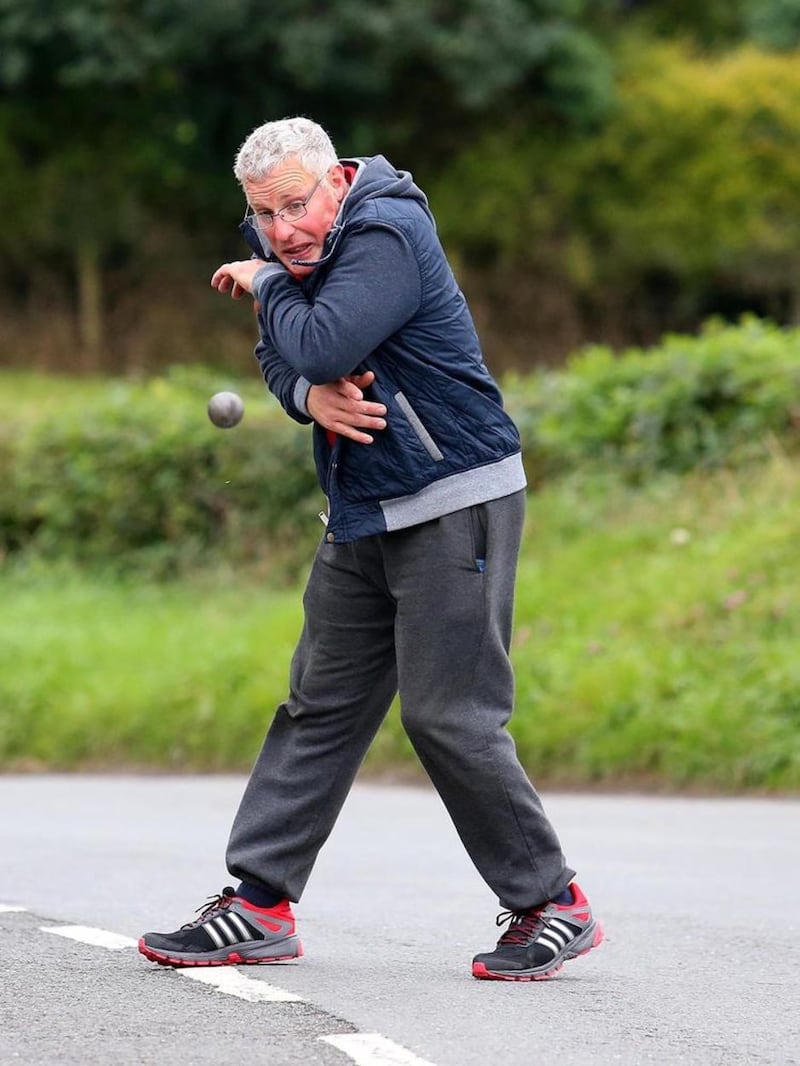 A near miss at the All-Ireland Unlimited Road Bowling Finals being held in Madden. Picture by Mal McCann 