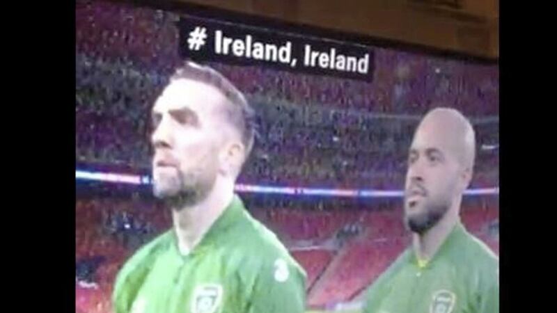As Amhran na bhFiann was played ahead of the kick-off, the words to Ireland&#39;s Call - an anthem associated with rugby - instead appeared on screen 