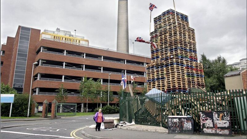 A bonfire at the Donegall Road entrance to Belfast City Hospital in 2009. An investigation into allegations of sectarianism among security guards at the hospital included claims that wooden pallets were provided to &#39;locals&#39; for bonfires 
