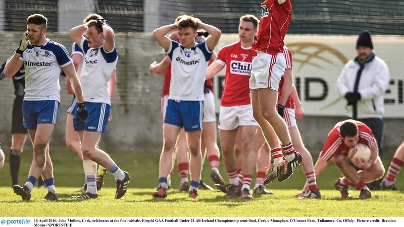 Cork celebrate as the Monaghan players face the reality of defeat in Saturday's All-Ireland U21 FC semi-final at Tullamore&nbsp;<br />Picture by Sportsfile &nbsp;