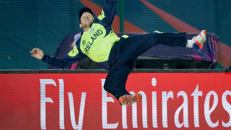 Ireland's Gary Wilson jumps to stop a sixer during the ICC World Twenty20 match against Oman in Dharmsala, India on Wednesday<br />Picture by AP&nbsp;