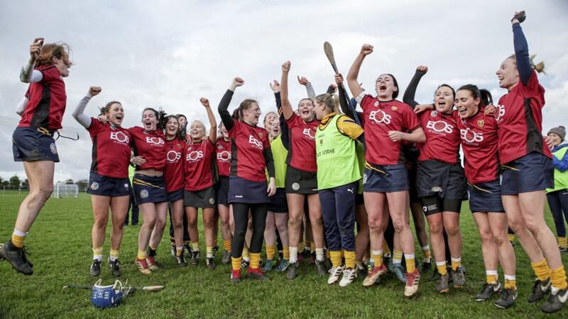 Clonduff players celebrate after defeating Craughwell in the AIB All-Ireland Intermediate Camogie Club Championship semi-final at Coralstown, Kinnegad, county Westmeath on Sunday January 27 2019. Picture by INPHO/Laszlo Geczo 