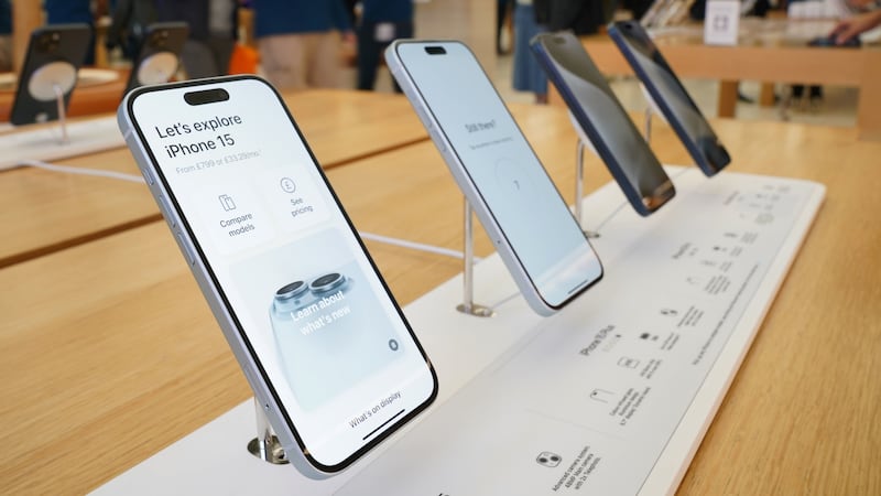 The new Apple iPhone 15 on display inside the tech giant’s flagship store in Regent Street, central London