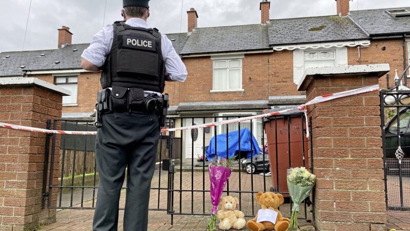 Flowers and teddy bears left outside the house where two children were stabbed, one fatally, in Brompton Park in Ardoyne, north Belfast. Picture by Mal McCann 