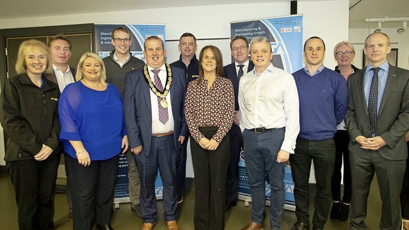 L-R: Roisin McCabe (Specdrum), Shane Nugent (Nugent Engineering), Ciara Kilpatrick (Invest NI), Leigh Falls (Nugents), Clement Cuthbertson (MUDC), Dominic Young (Steelweld), Maria Curran (MEGA project director), Alan McKeown (chair Mid Ulster Skills Forum), Darragh Cullen (Edge Innovate), Colm McGrath (Northern Hydraulics), Sinead Gaynor (Mallaghans), Paul McCreedy (MUDC), Clodagh McGovern (Mallaghans) 