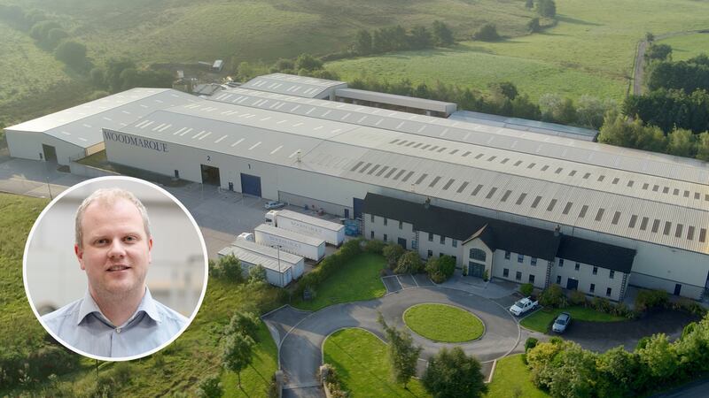 Aerial shot of Woodmarque’s factory near Dungannon, and (inset) its managing director, Ronan Quinn.
