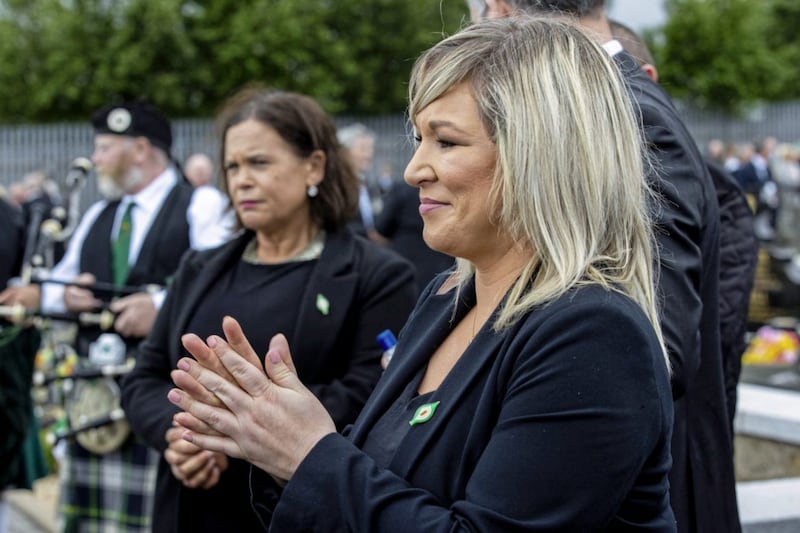 Sinn F&eacute;in leader Mary Lou McDonald (left) and Deputy First Minister Michelle O'Neill at Bobby Storey's funeral. Picture by Liam McBurney, Press Association