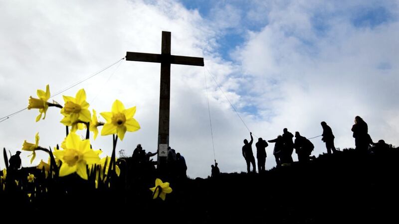 Over 50 people install the 36-feet high cross ahead of Easter on Surprise View at the top of Otley Chevin in Yorkshire. The cross on the Chevin, first installed in 1969, has now become a well-known Easter symbol and is erected two weeks before Easter and removed two weeks after. Picture by Danny Lawson, PA Wire 