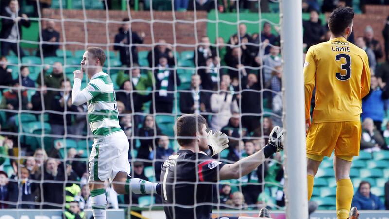 Celtic's Leigh Griffiths celebrates scoring in Sunday's William Hill Scottish Cup quarter-final at Celtic Park<br />Picture by PA