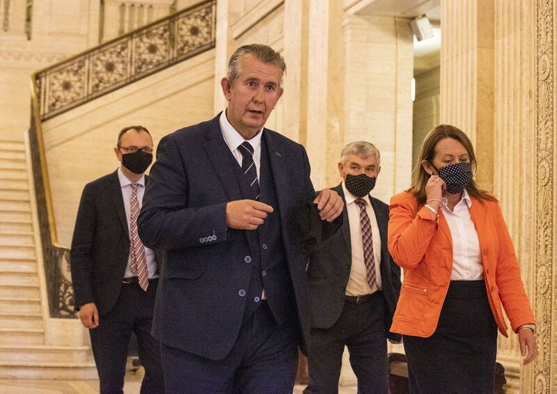 Leader of the DUP Edwin Poots (centre) with (left to right) Thomas Buchanan, Keith Buchanan, and deputy leader Paula Bradley at Stormont to announce his first ministerial team. Picture by Liam McBurney/PA Wire&nbsp;