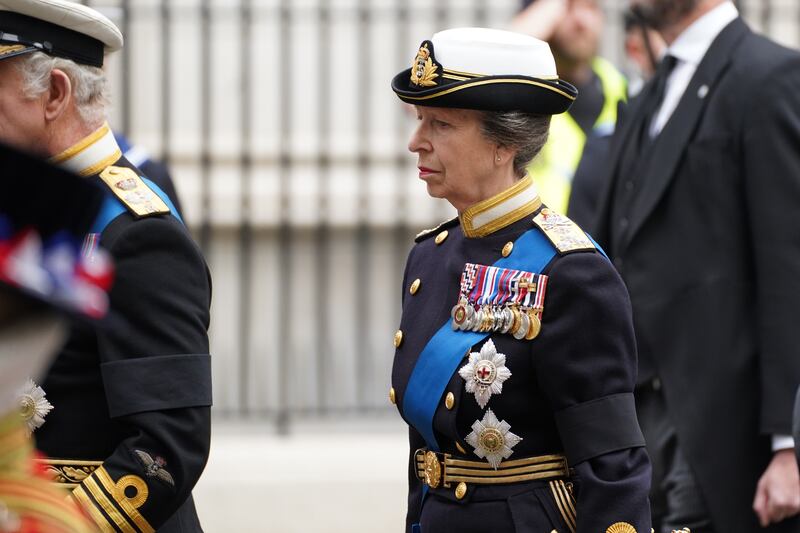 King Charles III and the Princess Royal arrive at the State Funeral of Queen Elizabeth II,