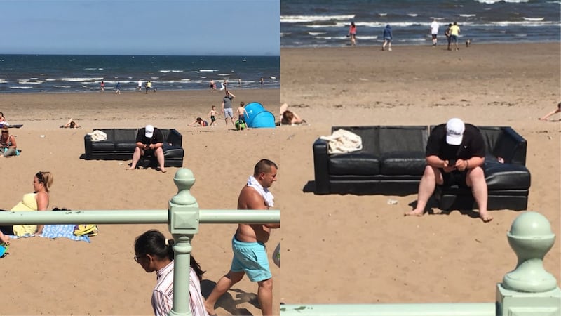 The beach-goer took a leather sofa to Portobello Beach in Scotland for a day in the sun.