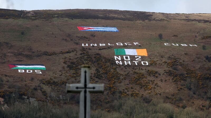 Anti-NATO activists erected messages on Belfast's Black Mountain to coincide with US President Joe Biden's visit to the city. Picture by Mal McCann