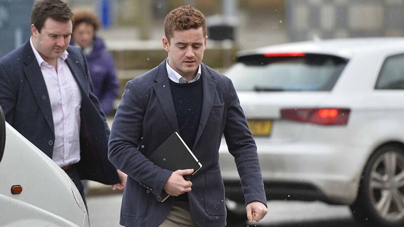 Paddy Jackson pictured arriving at court in Belfast this morning&nbsp;