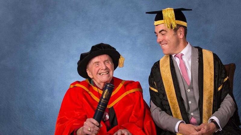 Ivan Cooper receives his honorary degree from Ulster University Chancellor James Nesbitt. Picture by Nigel McDowell/Ulster University