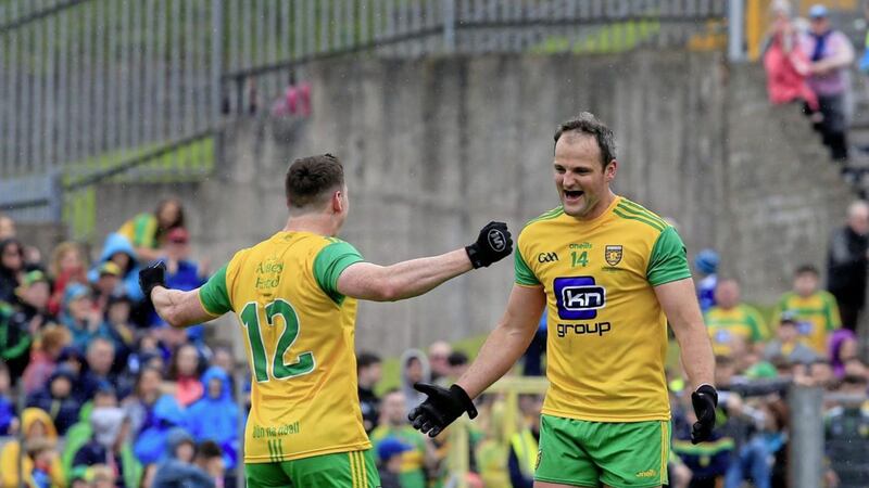 Donegal&#39;s Michael Murphy and Jamie Brennan celebrate at the end of the Ulster final. Picture Philip Walsh. 