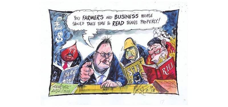 Ian Knox cartoon 19/11/18:&nbsp;Jeffrey Donaldson's admonishment to farmers and business people to read Theresa May&rsquo;s Brexit deal more fully before expressing satisfaction seems rich from a party whose leader conspicuously failed to read the RHI legislation