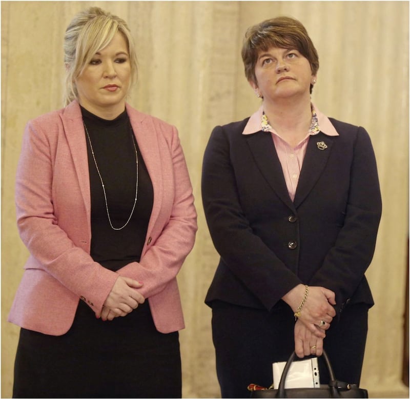 Arlene Foster pictured at Stormont with Sinn F&eacute;in northern leader, Michelle O&#39;Neill. 