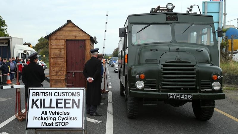 Protesters constructed a mock border post during a demonstration against the Brexit vote at Carrickcarnan between Louth and Armagh