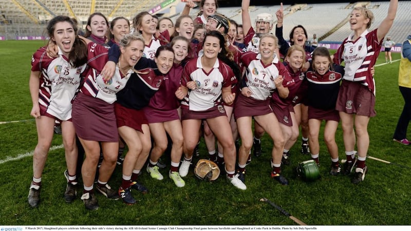Slaughtneil players celebrate following their side&#39;s victory after their 2017 AIB All-Ireland Senior Camogie Club Championship final win over Sarsfields at Croke Park in Dublin. Picture by Seb Daly/Sportsfile. 