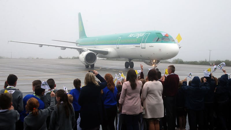 The plane carrying Pope Francis arrives at Ireland West Airport in Knock in County Mayo this morning&nbsp;