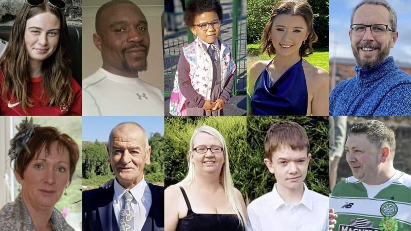 Those who died in the explosion in Creeslough on Friday: top row, left to right; Leona Harper (14), Robert Garwe (50), Shauna Flanagan Garwe (5), Jessica Gallagher (24) and James O'Flaherty (48); and bottom row, left to right, Martina Martin (49), Hugh Kelly (59), Catherine O'Donnell (39), her 13-year-old son James Monaghan, and Martin McGill (49).