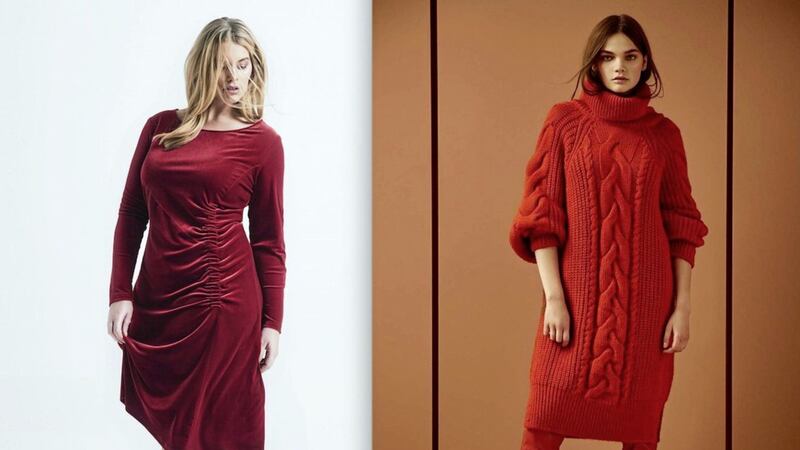 Left, Sallie Sahne Dress, &pound;251.99, available from Navabi.co.uk; right, River Island Red Cable Knit Midi Jumper Dress, &pound;55; Red Over the Knee Heeled Boots, &pound;85, available from River Island 