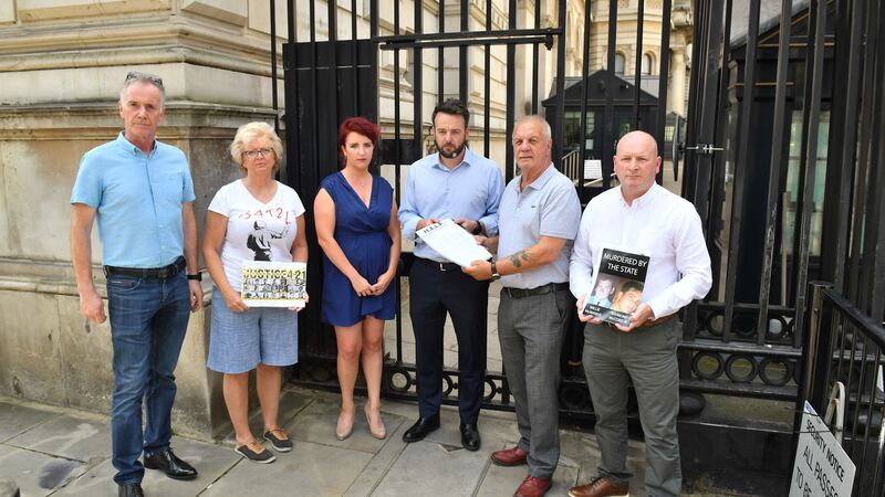 SDLP leader Colum Eastwood and shadow Northern Ireland secretary Louise Haigh (third left) with a delegation of families bereaved during the Northern Ireland Troubles (left to right) Julie Hambleton, Joe Campbell Jnr, Raymond McCord and Billy McManus, including in the Birmingham pub bombs, as they attempt unsuccesfully to hand in a letter to No 10 Downing Street, London, expressing disgust at the statute of limitations proposal.&nbsp;Picture by Dominic Lipinski/PA Wire&nbsp;