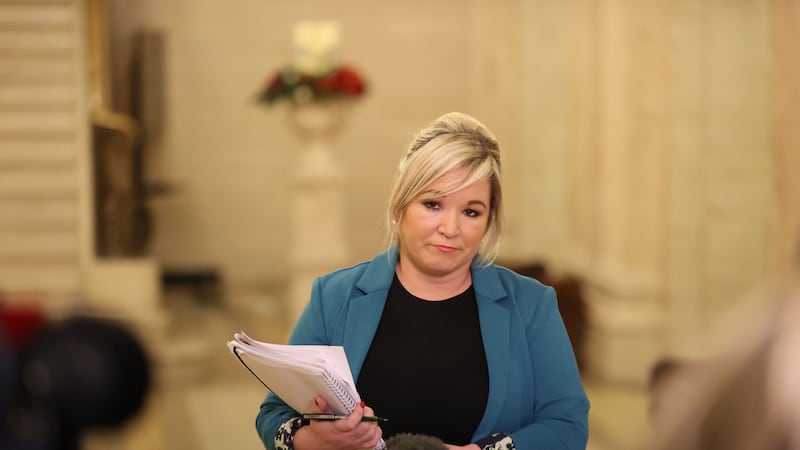 &nbsp;Deputy First Minster Michelle O'Neill speaking during a press conference in the Great Hall at Parliament Buildings of the Stormont Estate to announce new six week restrictions after the Christmas period in Northern Ireland.