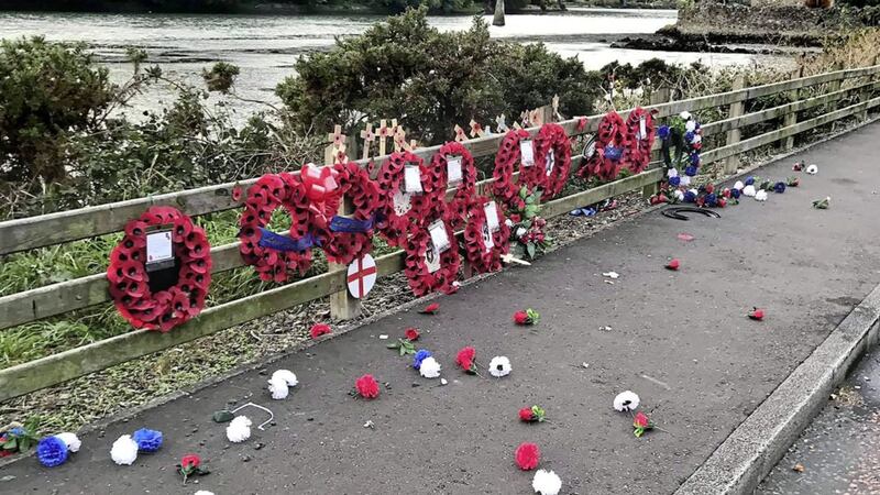 The scene of damage caused to the Narrow Water memorial 