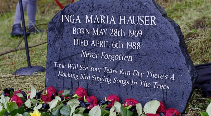 A memorial in Ballypatrick Forest in Co Antrim close to where the body of German backpacker Inga Maria Hauser was found in April 1988. Picture by Arthur Allison, Pacemaker  