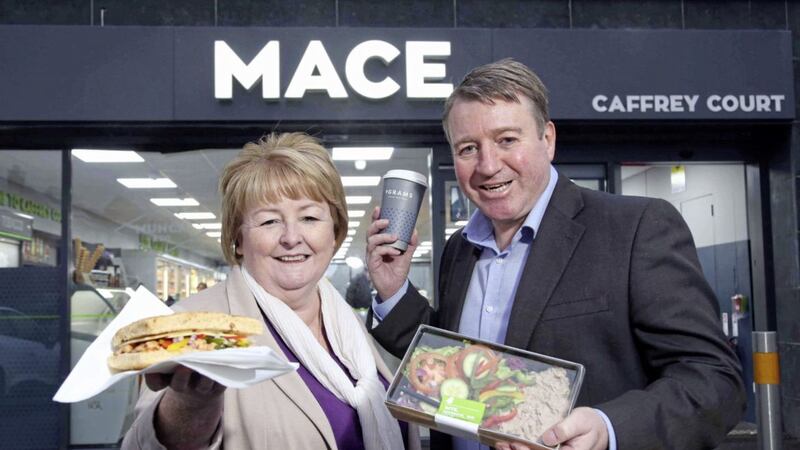 Pictured at the new Mace store in west Belfast are one of the store owners, Marie MacNeice and Tom Kinnier, wholesale sales manager, Musgrave 