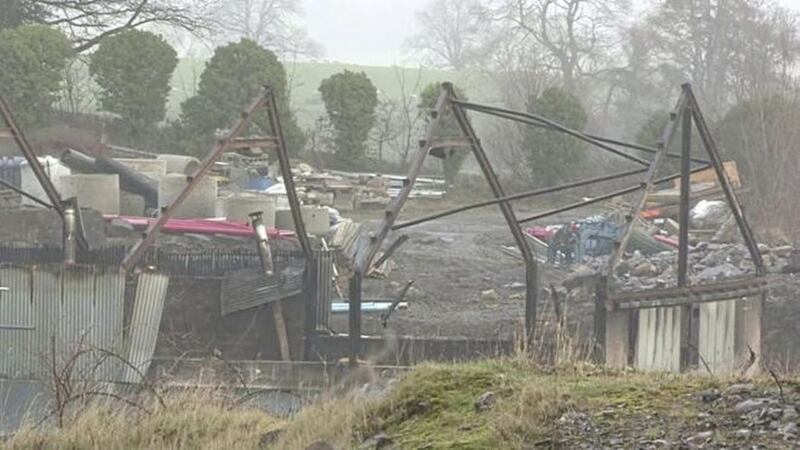 The fire-damaged shed in Fermanagh, which contained eight biomass boilers and 14 tonnes of woodchip. Picture by BBC 
